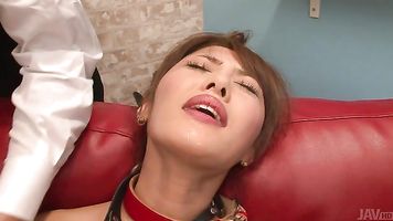 With her tits exposed and pussy as well, both males begin finger fucking and cracking toys inside her vag, making the babe to scream and reach high pleasures during the whole group sex adventure.