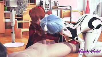 Evangelion Hentai 3D - Threesome Shinji, Asuka and Rei in Shinji's Room they suck Shinji's dick until he cums in her mouth then he eats their pussy and fucks them