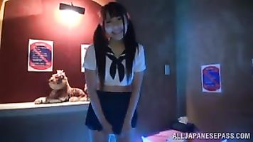 Tempting Japanese teen girl Ayu Sakurai gives a cute pov blowjob.
