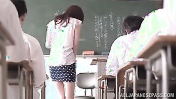 Sexy Japanese teacher Sara Yurika gets fingered and enjoys cock in mouth.
