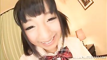 Pigtailed schoolgirl with tiny tits Hitomi Miyano enjoys pussy creampies.