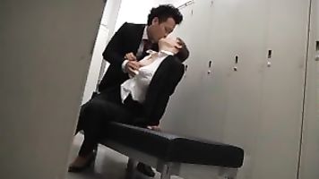 Luckily for her, he was in the locker room and helped her satisfy her desires, laying her down on the bend, sliding her skirt up, and giving her the hard fucking she desires.