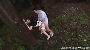 Just because she´s outside doesn´t mean that Tsubomi isn´t going to stop sucking this guy´s dick.
