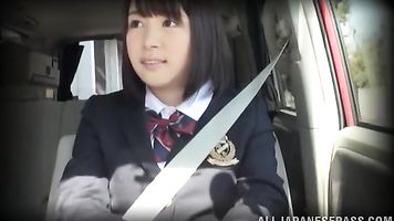 Pretty Asian teen in school uniform is fucked in the bus.