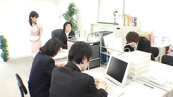 Pretty office chick Nana Nanaumi gets fucked by horny guys in her office.